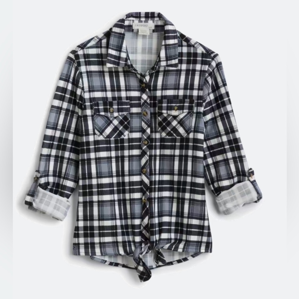 Passport Girls Tie Front Hi Lo Plaid Button Down Shirt - Black & White - Size 12